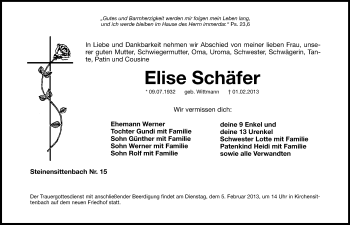 Traueranzeige von Elise Schäfer von Hersbrucker Zeitung